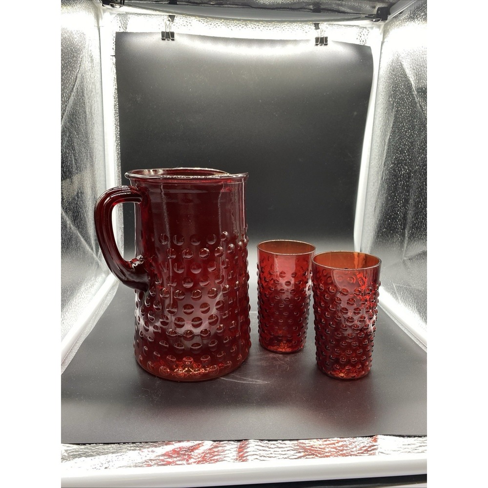 Vintage Ruby Red Hobnail Glass Pitcher and 2 Tumbler Set Mid Century